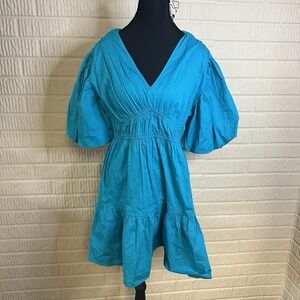 NWOT Japna Puff Sleeve V-Neck Tiered Mini Dress Teal Blue Sz L 100% Cotton
